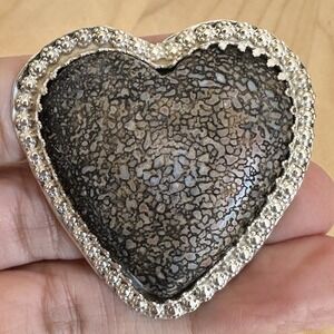 Artisan Heart Ring 8.75 Adjust Fossil Dino Gembone 925 Sterling‎ 27.8g USA Made